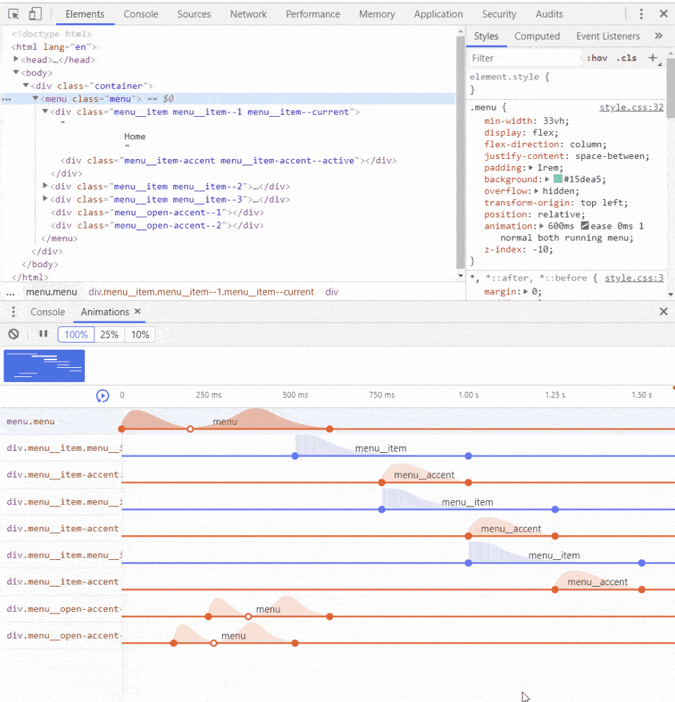 Markup and styling highlighted in the Elements pane